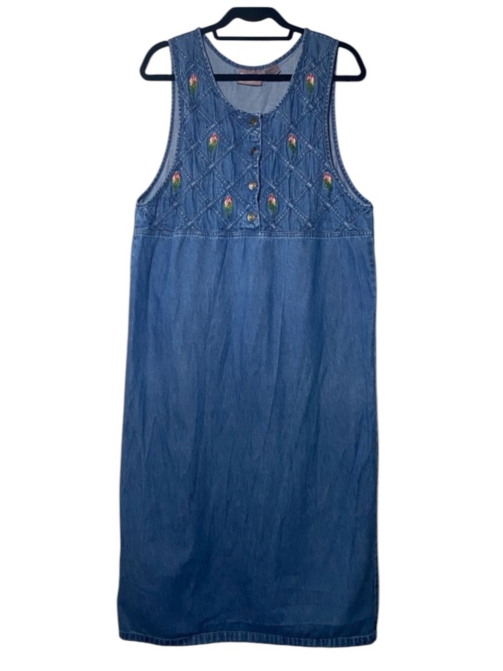 Vintage Denim Maxi Dress Women Large Blue Lattice Rose Embroidery Modest Teacher